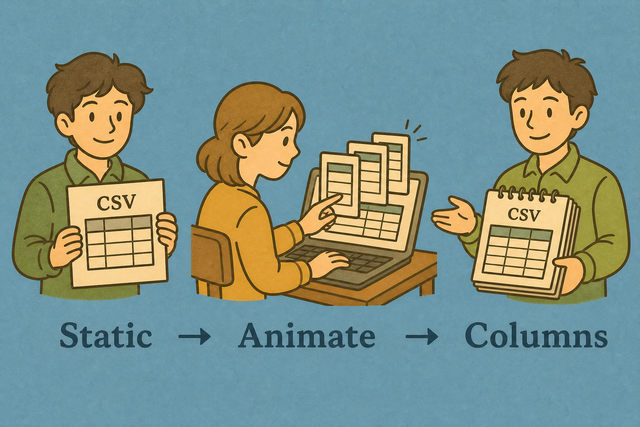 Three step illustration showing CSV columns appearing in sequence