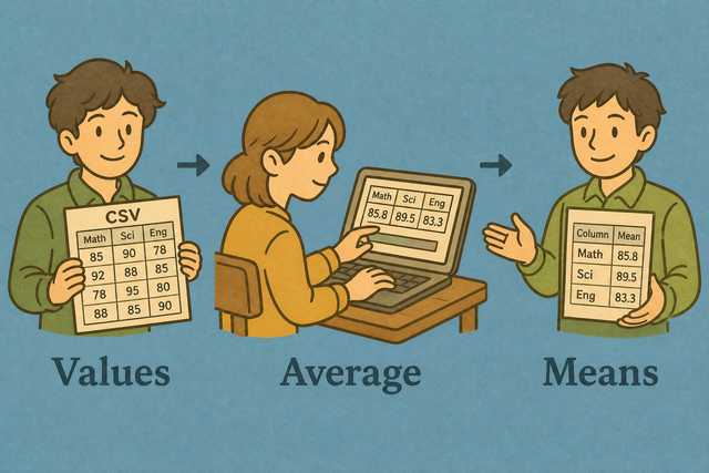 Three step illustration showing average values calculated from CSV columns
