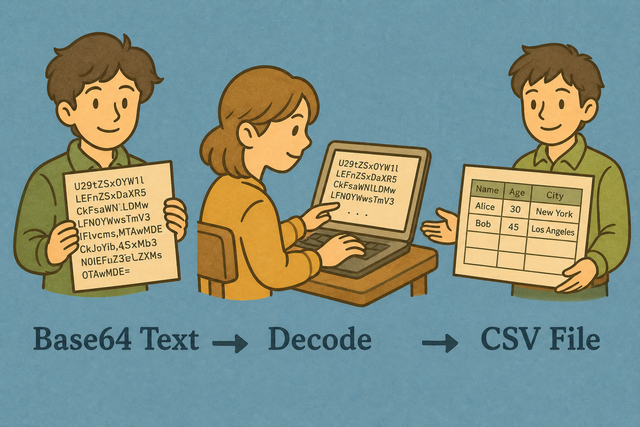 Three steps showing Base64 text decoded into a CSV table