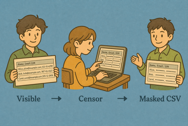 Three-step illustration masking CSV cells with asterisks and redaction bars
