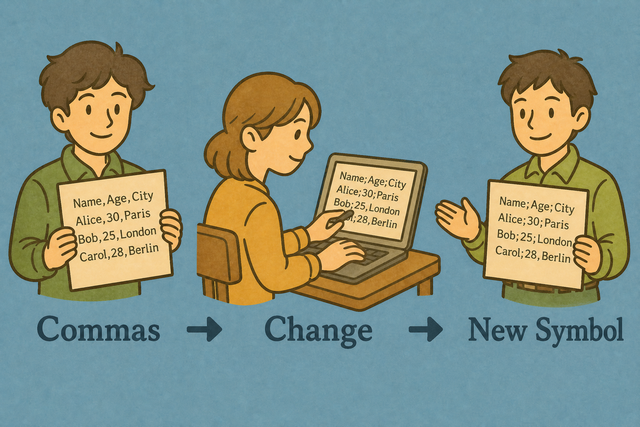 Illustration of CSV rows changing from commas to another delimiter