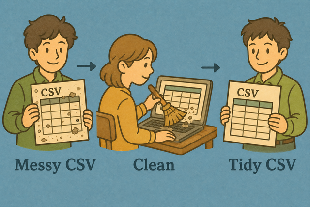 Three step illustration showing empty rows and columns removed from a CSV