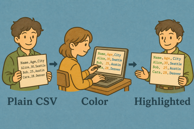 Three step illustration showing colors for CSV quotes, numbers, and commas