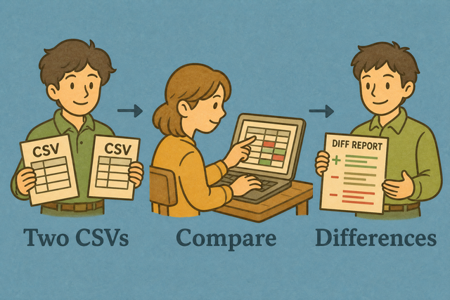 Illustration of two CSV files compared row by row
