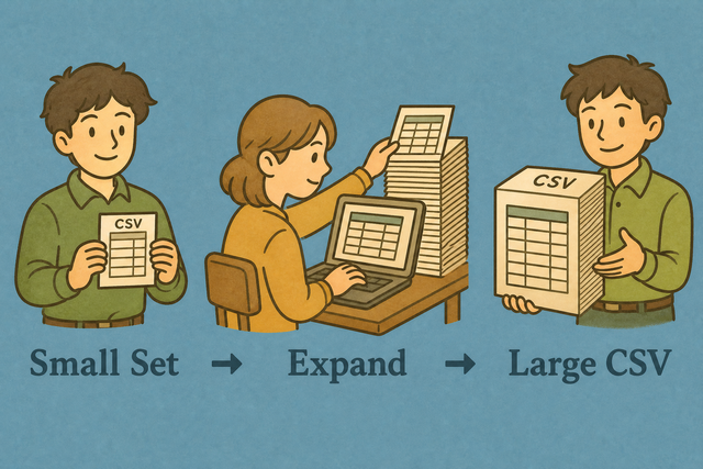 Illustration showing a small table becoming a large test CSV