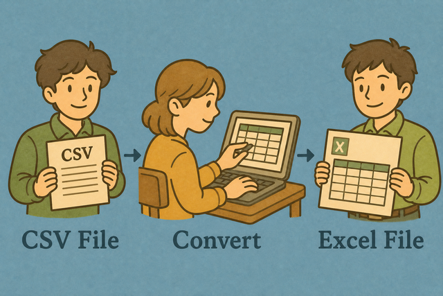 Three step illustration showing CSV conversion to a spreadsheet workbook