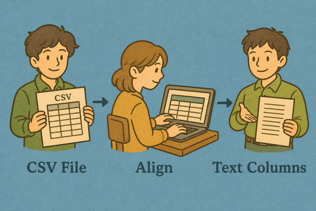Three-step illustration showing CSV converted into aligned text columns