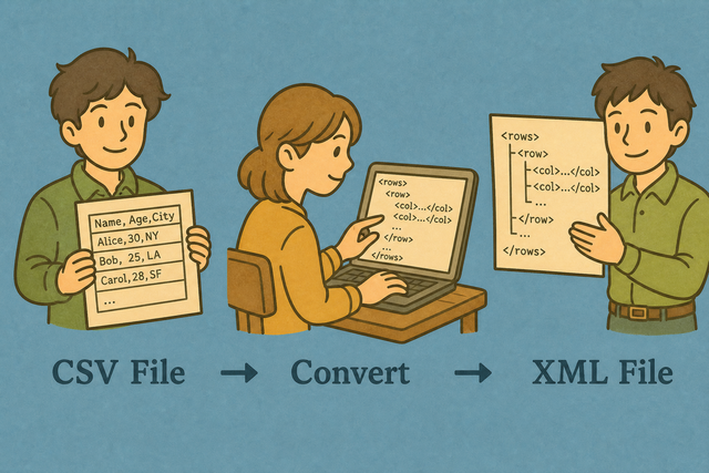Illustration showing CSV rows converted into XML elements