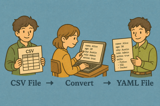 Three step illustration that converts CSV rows into YAML maps