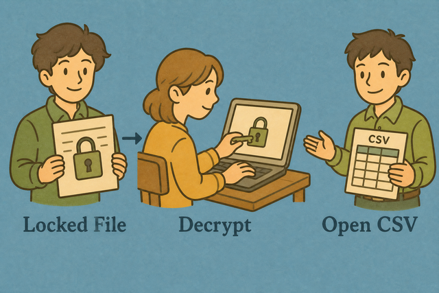 Three step illustration showing an encrypted payload becoming a readable CSV table