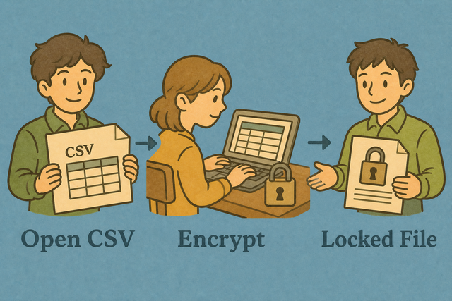 Three steps showing CSV data becoming a passphrase protected payload