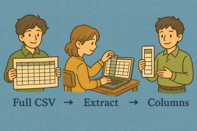 Three steps showing CSV data imported, selected columns extracted, and a focused CSV downloaded