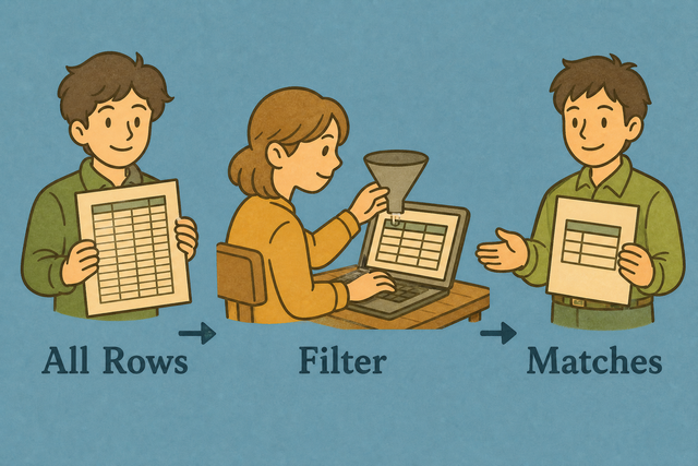 Three step illustration showing CSV rows filtered to matching records
