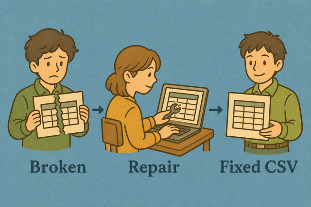 Three step illustration showing a broken CSV becoming a consistent table