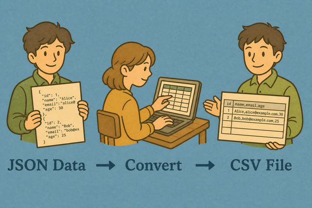 Illustration showing JSON records becoming a CSV table