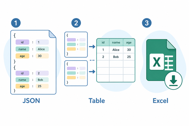 JSON to XLS workflow: paste JSON, review the table, and download the spreadsheet XML workbook