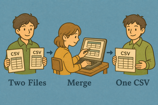 Three steps showing two CSV files combined into one table