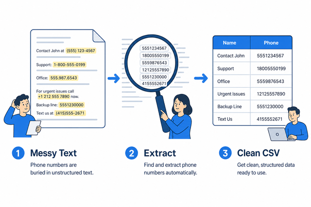 Phone Number Extractor steps: paste text, find phone numbers, download CSV