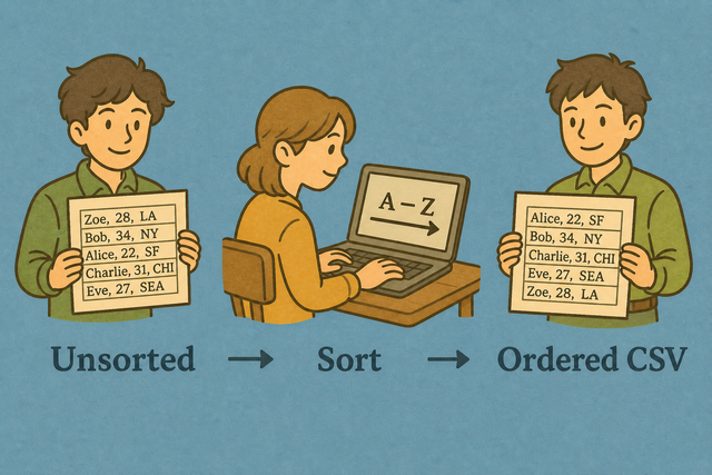 Three steps that show CSV data becoming ordered rows