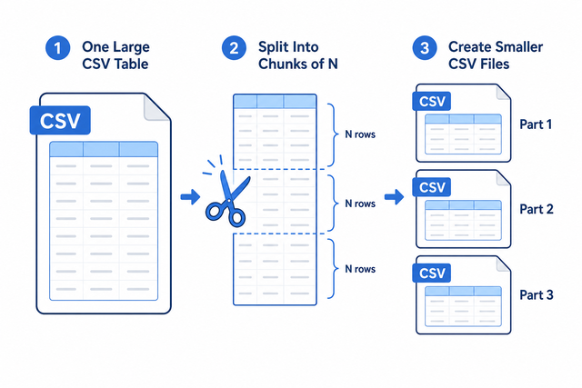 How CSV splitting works: import a CSV, set rows per file, then copy or download the chunks