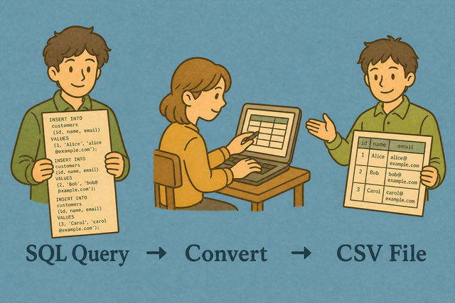 Three steps from SQL INSERT statements to a CSV table