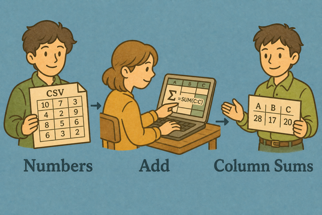 Three step illustration showing numeric CSV columns added into totals