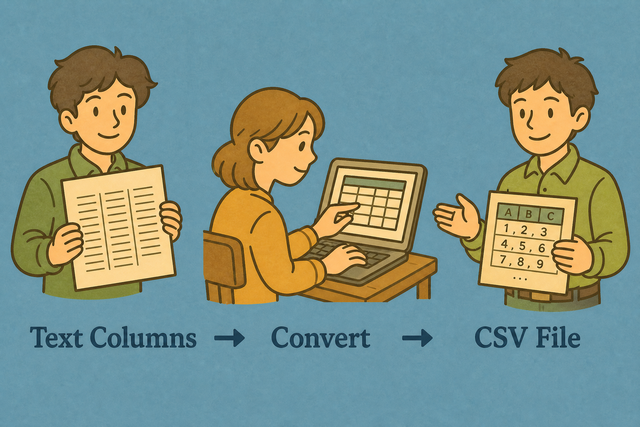 Illustration showing aligned text columns converted into a CSV file