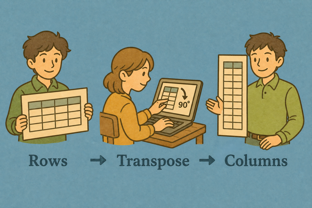 Three step illustration showing CSV rows becoming columns